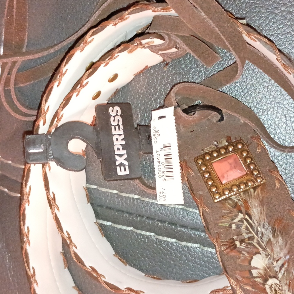Express brown tie belt leather and feathers Size Large Marbled peach studs Rare - Picture 6 of 9